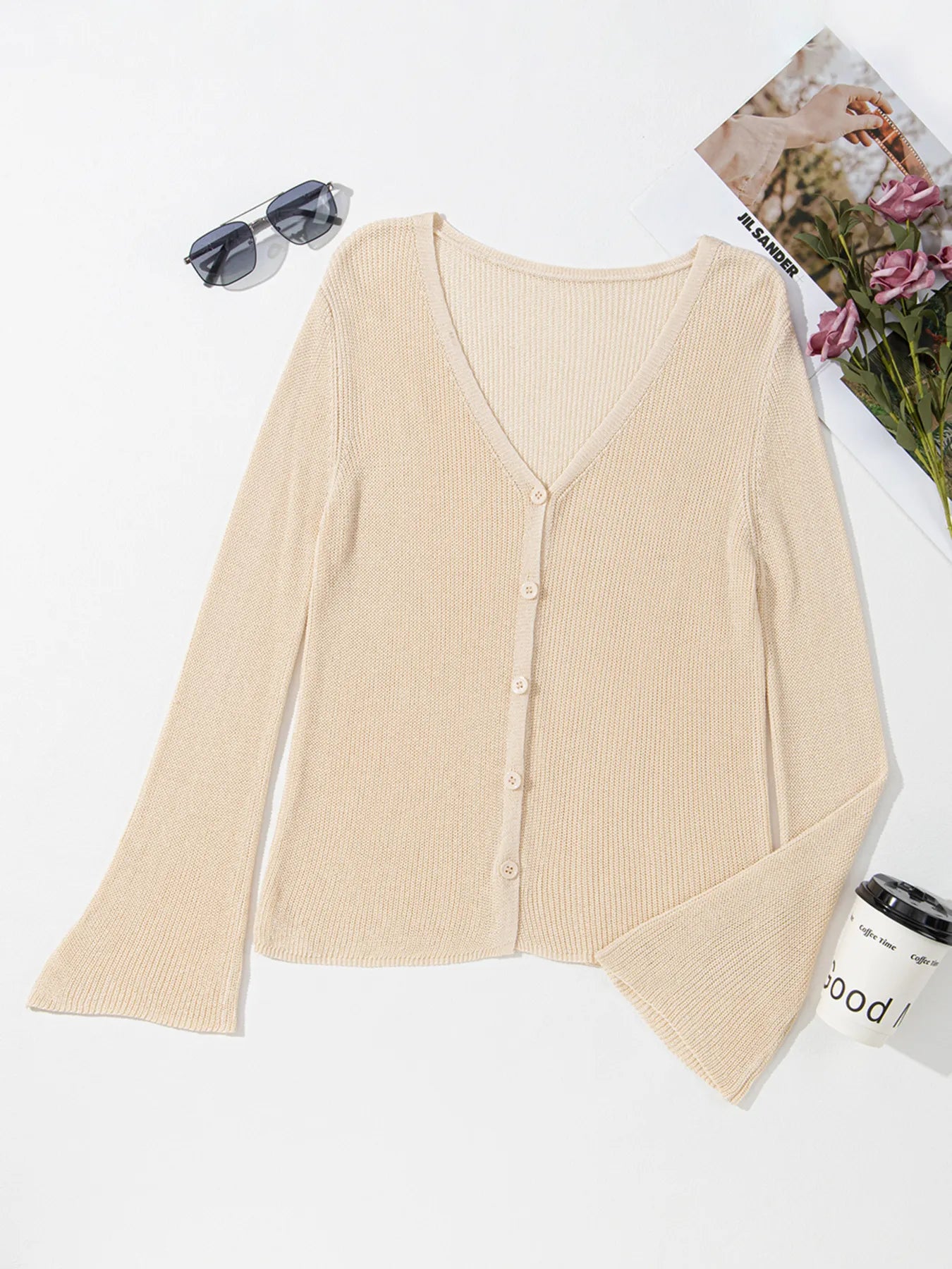 Lightweight V Neck Button Front Bell Sleeve Cardigan 3a7a809cea3e4d239f726573cba7224e-Max-Origin