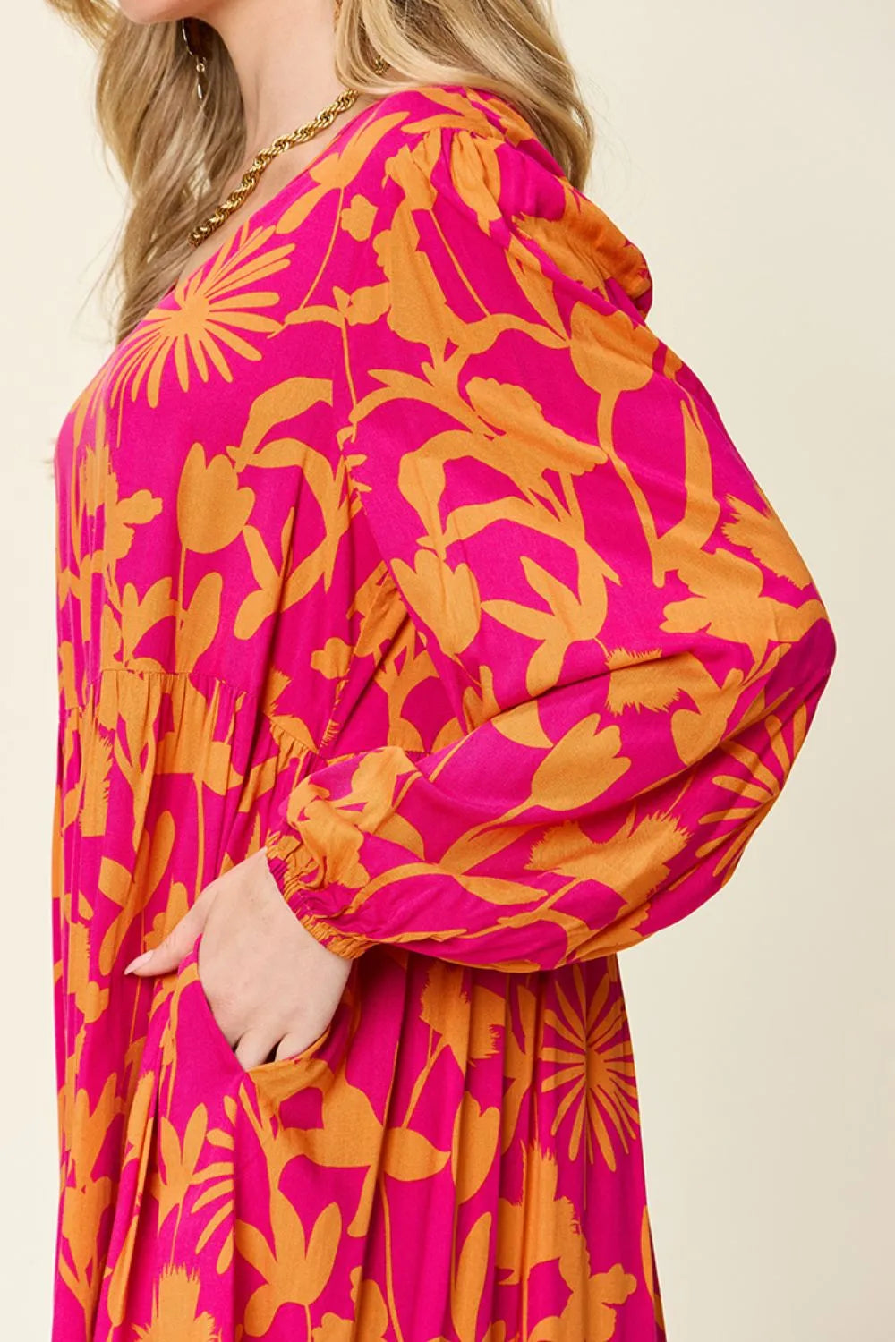 Double Take Full Size Printed Ruffle Hem Dress with Pocket 3a7e50e0-d281-429c-838c-aba0a3f398ad-Max