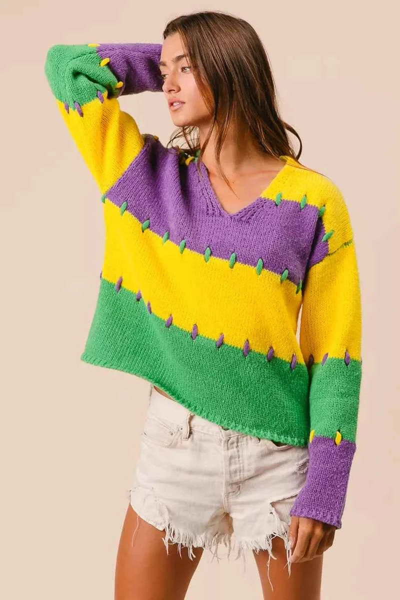 BiBi Stitch Detail Mardi Gras Stripes Sweater 3a7f274d31424adc90874da4660bd828-Max-Origin