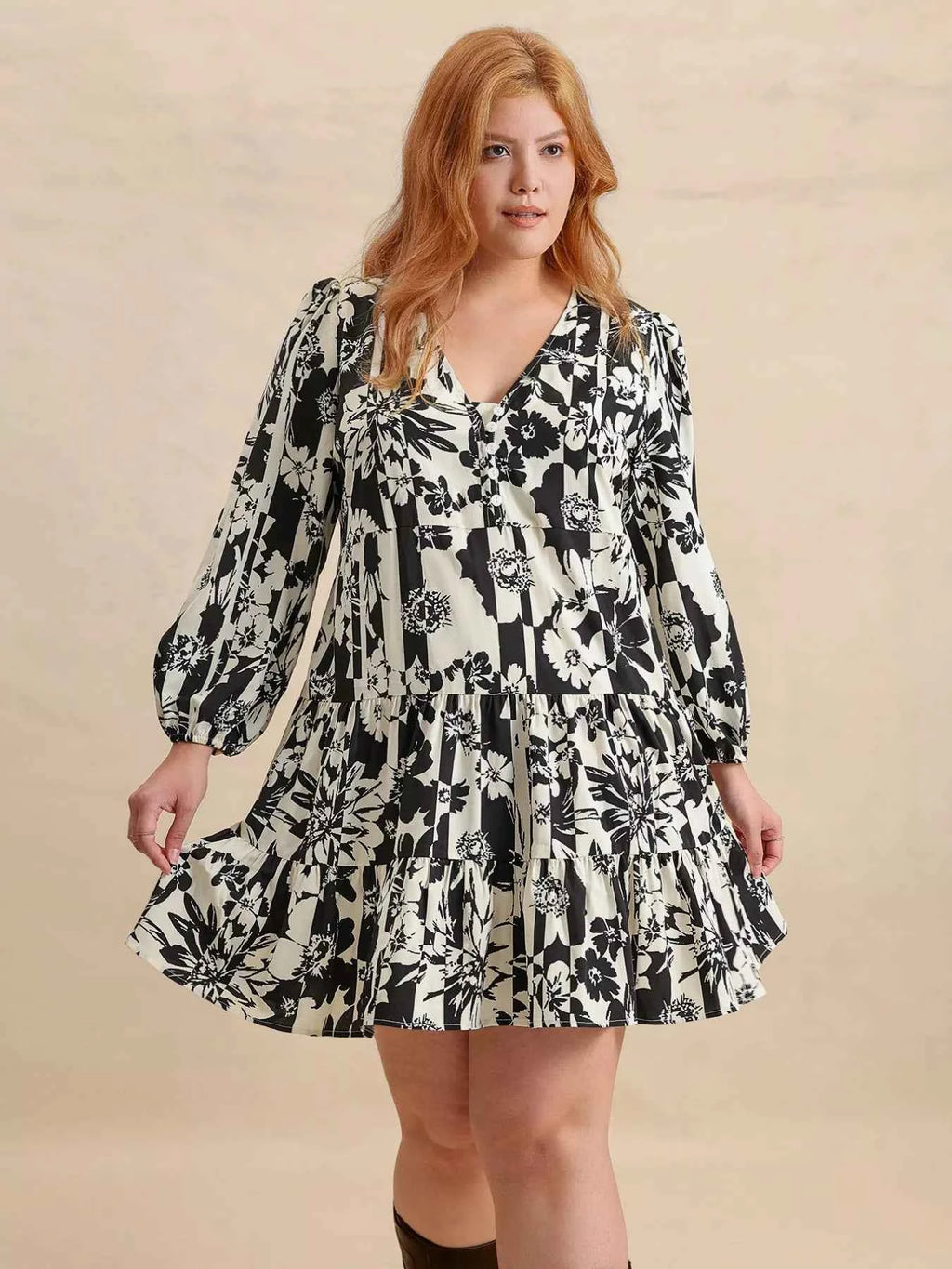 Plus Size Printed V-Neck Long Sleeve Mini Dress 3a854d1e-7301-4375-a37a-15068508ee6a-Max-Origin