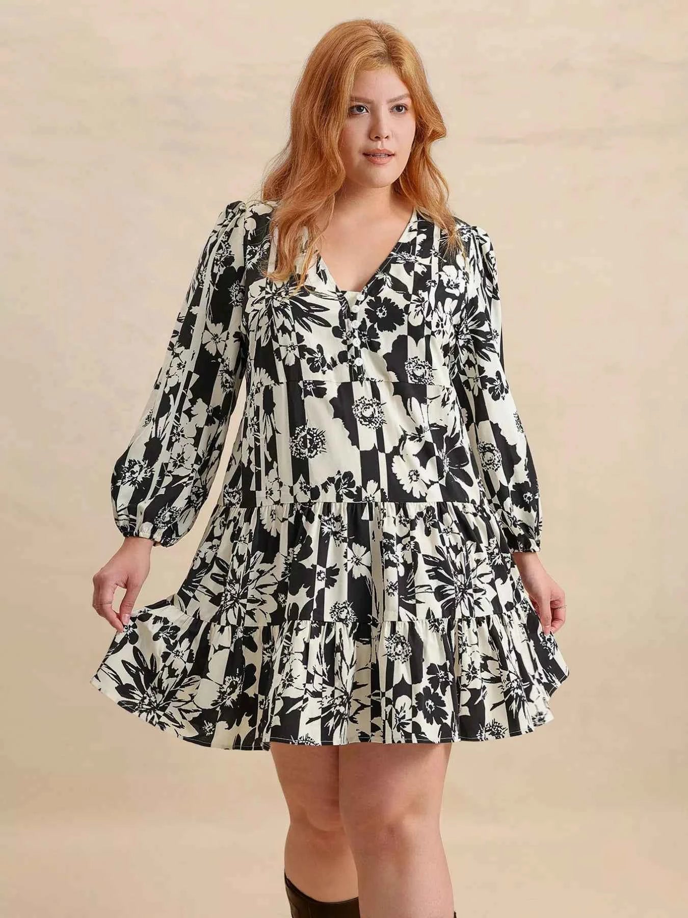 Plus Size Printed V-Neck Long Sleeve Mini Dress 3a854d1e-7301-4375-a37a-15068508ee6a-Max-Origin
