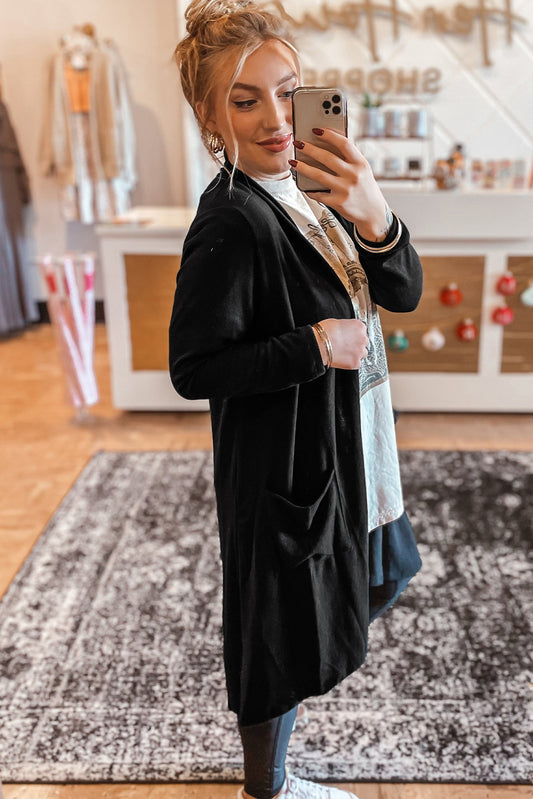 Black Solid Color Open Front Cardigan with Pocket 3a8939ecccaf5ee1
