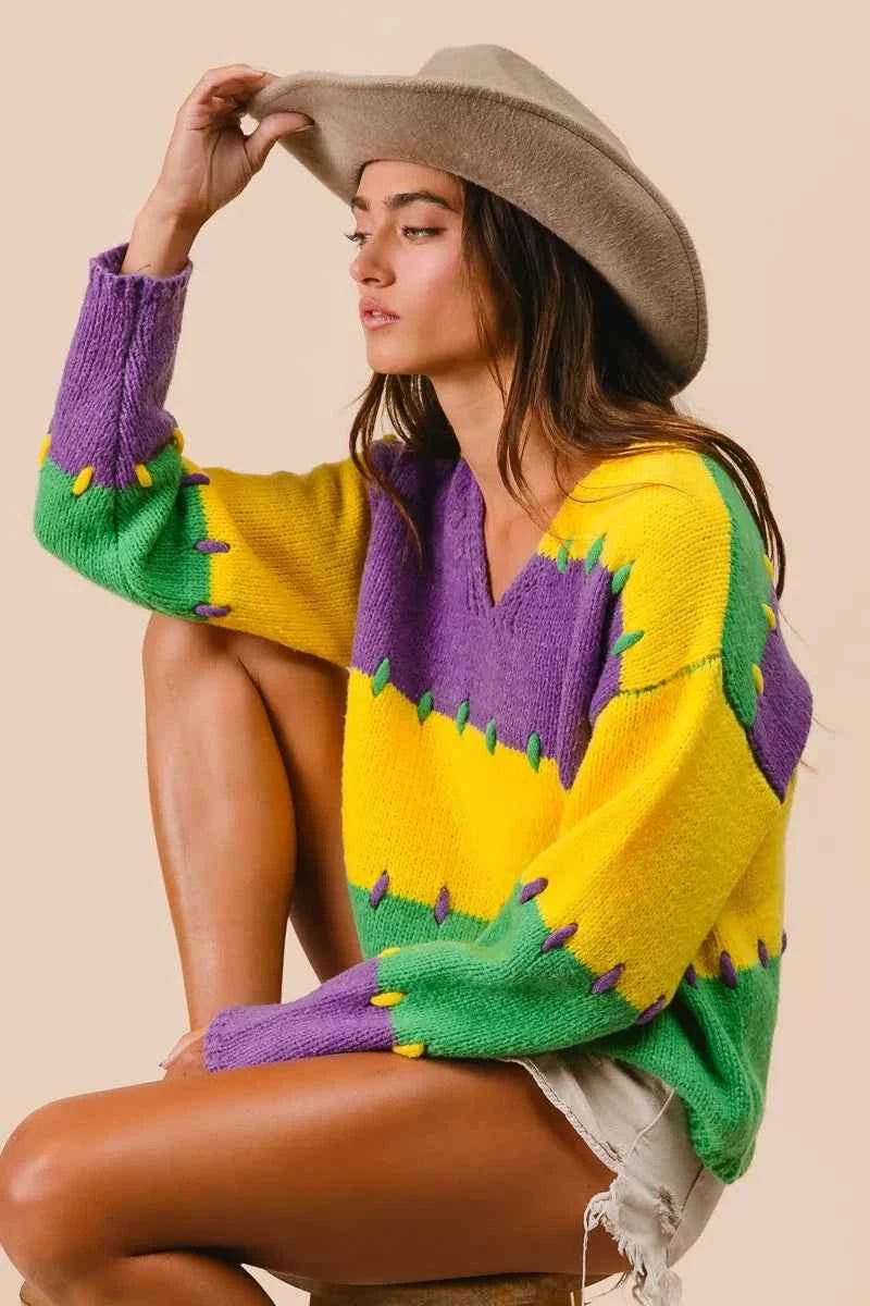 BiBi Stitch Detail Mardi Gras Stripes Sweater 3a8a570a283647b78e3fa86f3ee1f3f3-Max-Origin