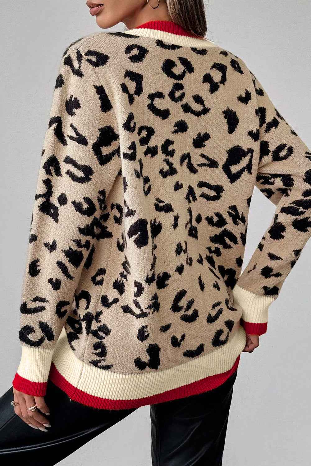 Khaki Leopard Pattern V-Neck Contrast Rib Knitted Sweater 3a8cdbae4479151b