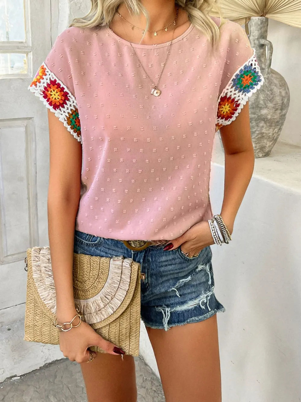 Devine Swiss Dot Round Neck Crochet Short Sleeve Top Blush Pink 3a8d6d67-f39f-4902-b039-fcfda76e185d-Max