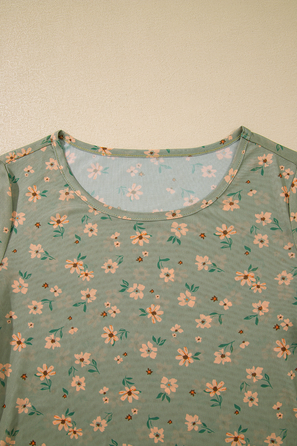 Laurel Green Vintage Floral Print Mesh Slim Fit Long Sleeve Top 3a909892f9a06914