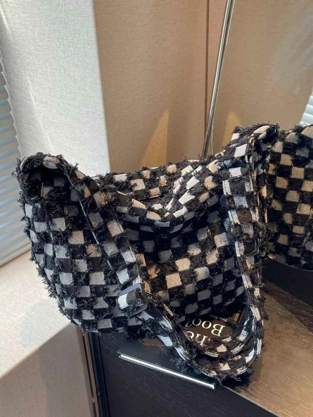 Checkered Raw Edge Denim Shoulder Bag Black One Size 3a912e4b-9090-4597-a61f-d4c3149823ec-Max