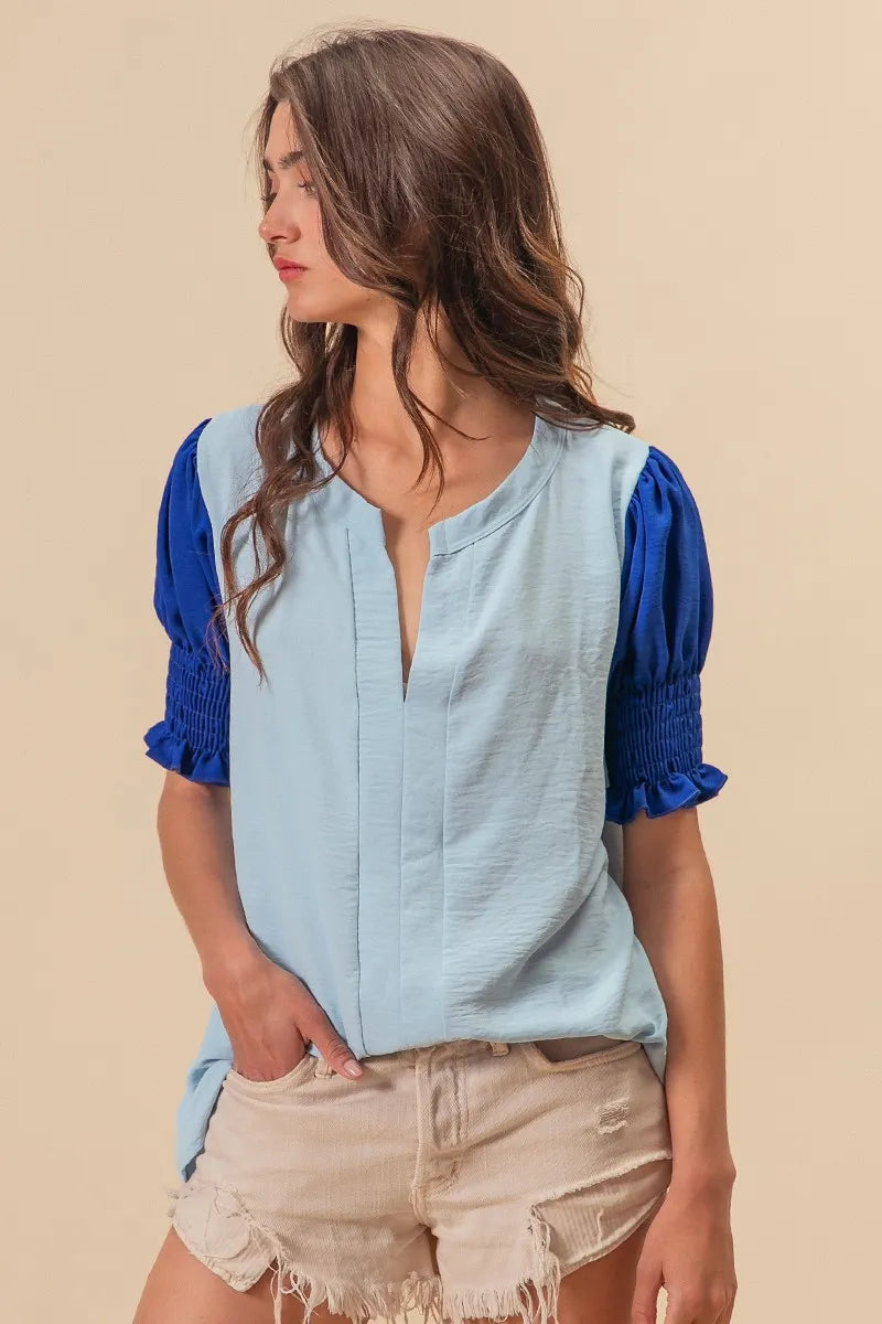 BiBi Air Flow Color Block Puff Sleeves V Neck Top 3aa082f2cfbd47208cfd5407c842d535-Max-Origin