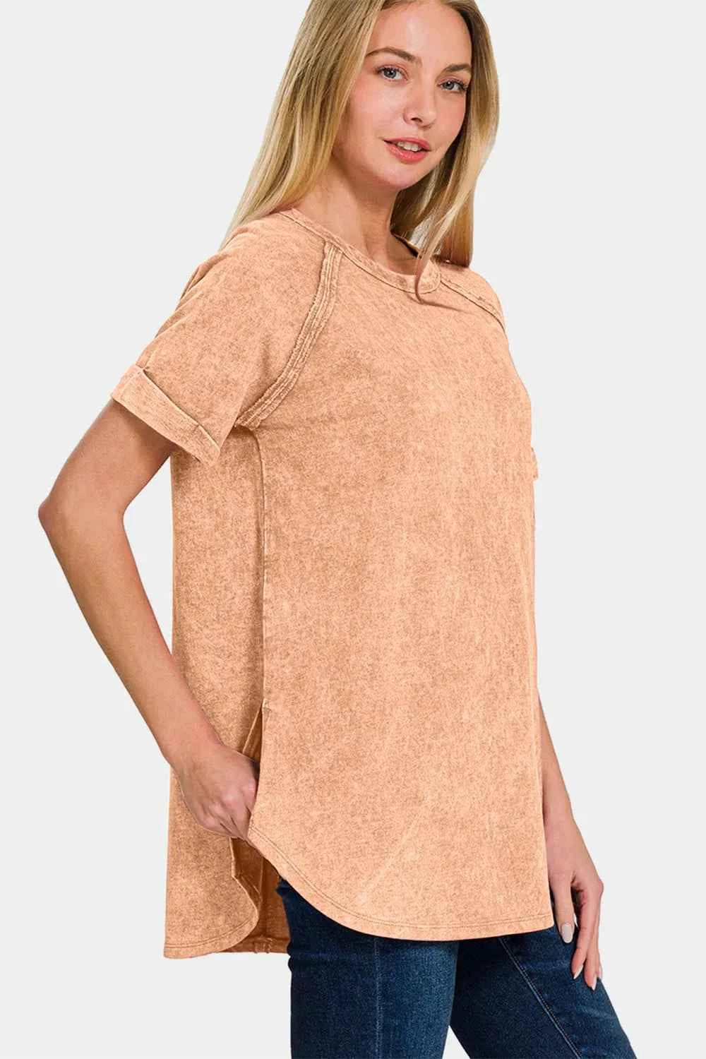 Zenana Heathered Round Neck Short Sleeve Top 3aa1eef3-7975-478f-ae9a-6006fa2cefbb-Max