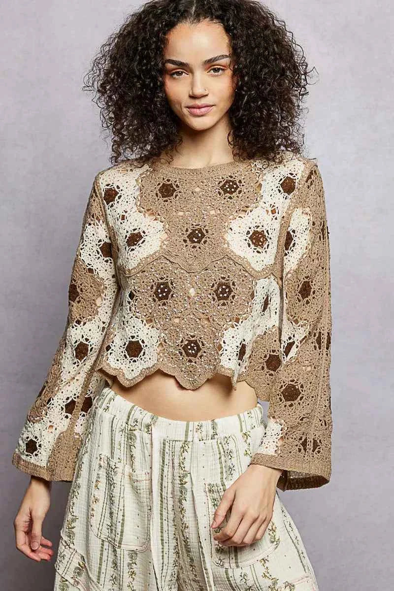 POL Floral Weave Pattern Crochet Cropped Top with Beads Detail 3aa35aa1-eb61-4916-9092-b366e3dec2da-Max-Origin