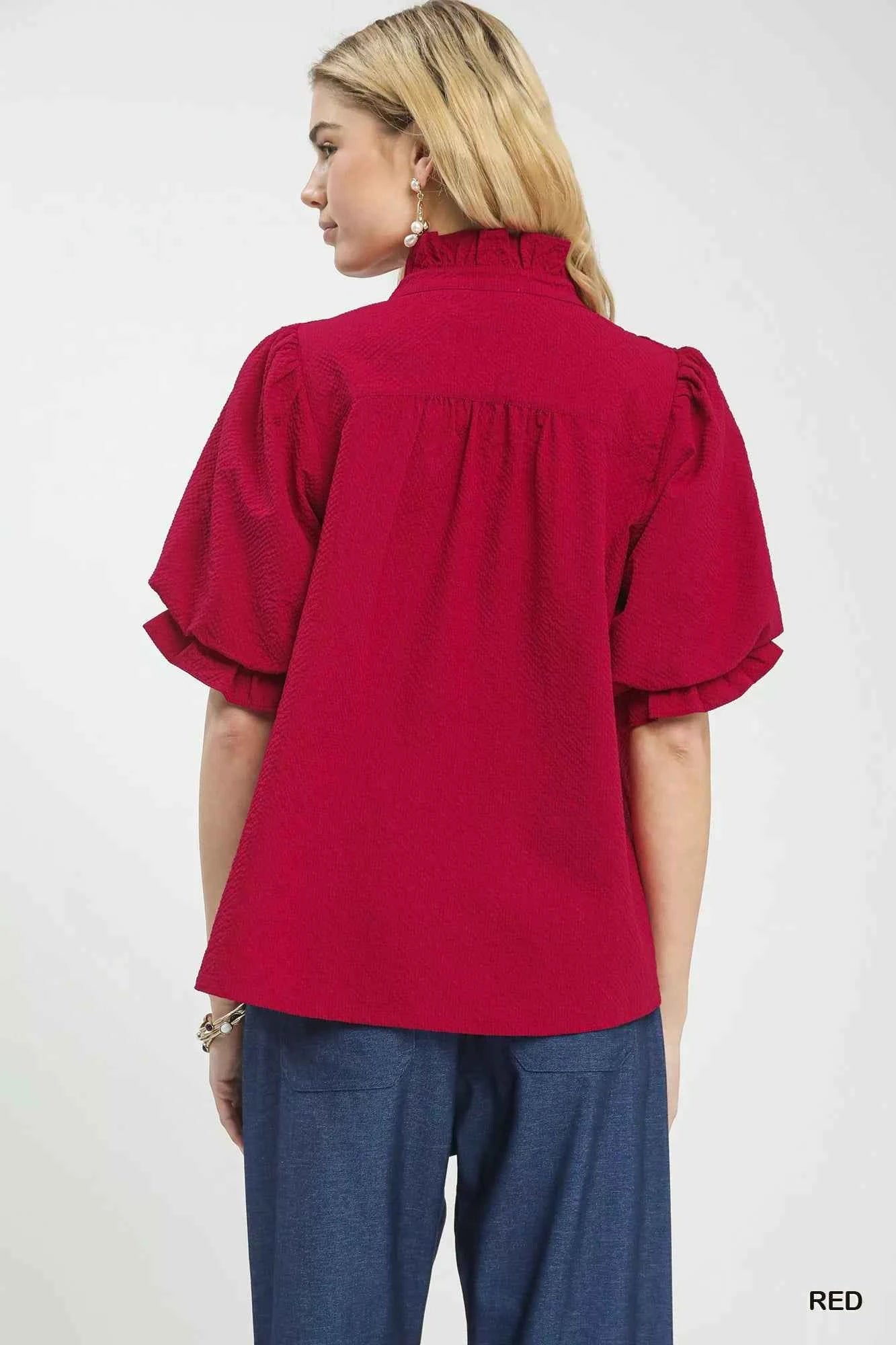 Umgee Textured Smocked Yoke Split-Neck Top 3aa5c8ae-2203-42df-8076-63a8600eb3b6-Max-Origin