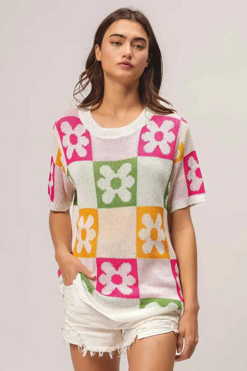 BiBi Flower Checker Pattern Lightweight Sweater Top 3aa5d000ee524aa2958c990067de4d53-Max-Origin