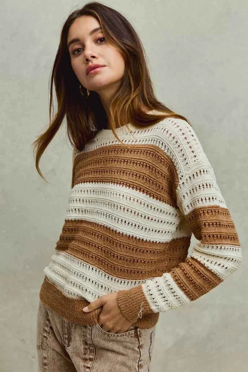 SO ME Openwork Round Neck Wide Stripe Textured Sweater 3aa61b1d644848b9950b5384d3ff785f-Max-Origin