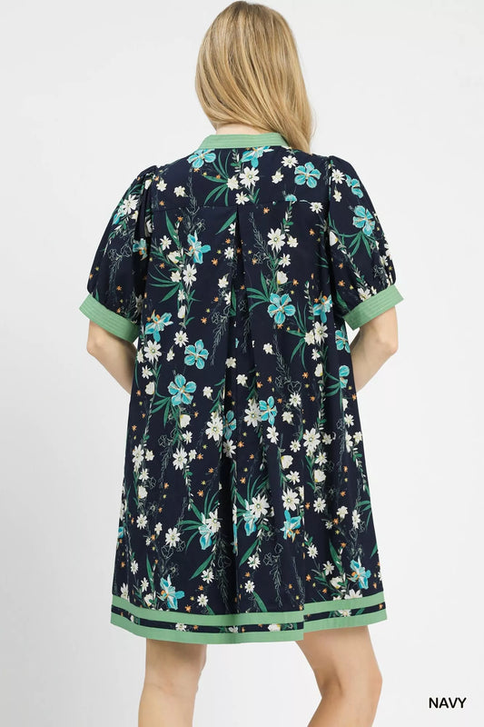 Floral Puff Sleeve Dress with Contrast Trim 3aa80736-739e-41bd-824e-4e720e9f9250-Max-Origin