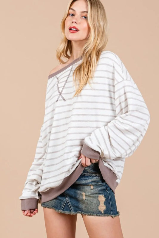 Ces Femme Striped Round Neck Drop Shoulder Sweatshirt 3aaf54f1-9e37-4560-bff2-de05c9f5cdf3-Max