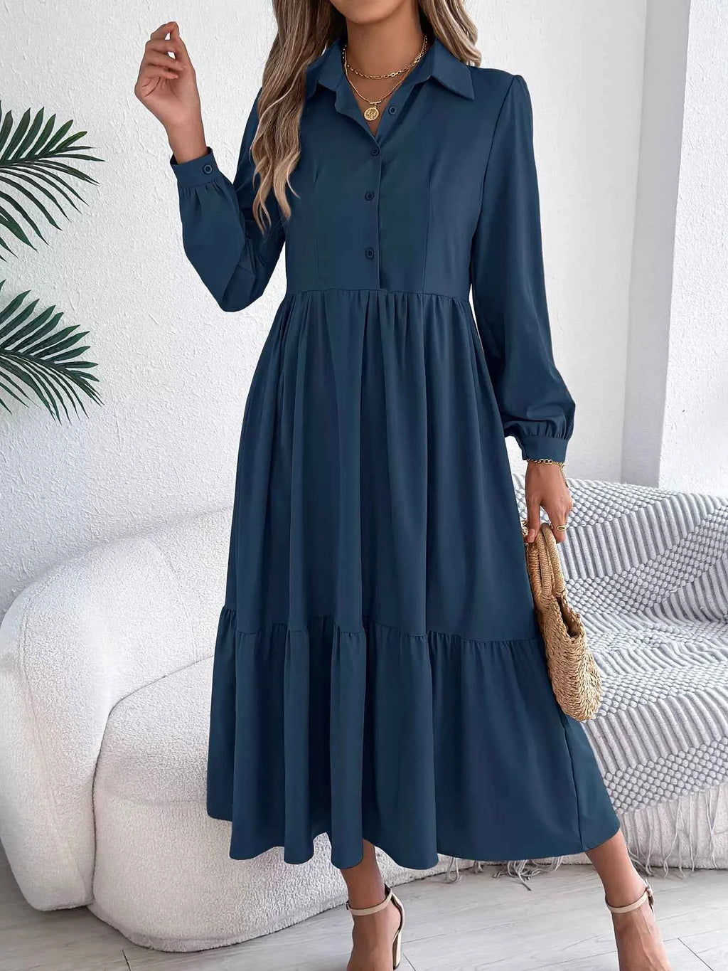 Long Sleeve Tiered Button Front Midi Dress 3ab00c20e61a4994b25ff20dfa0cd473-Max-Origin