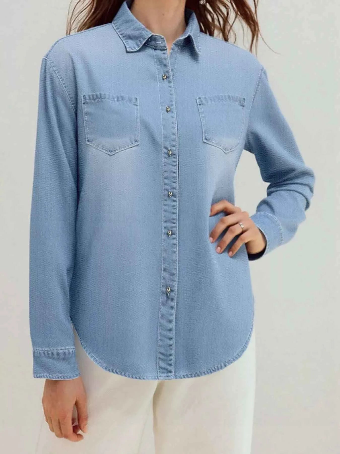 Full Size Button-Up Long Sleeve Denim Shirt Plus Size