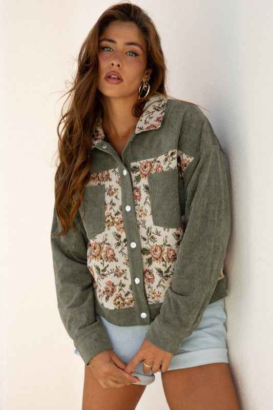 Floral Patchwork Ribbed Corduroy Shirt Jacket 3ab0c6a7-f6ba-4dc8-86c1-de579e4afaac