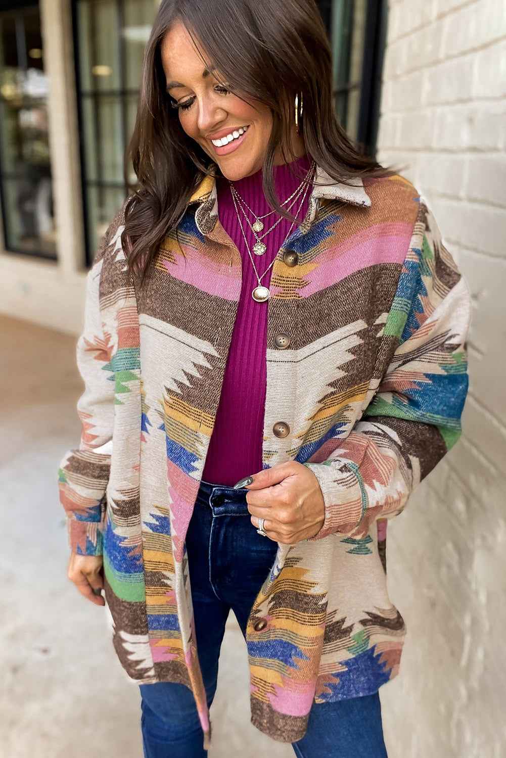 White Aztec Print Button Up Shacket 3ab21f0808eb5ebf