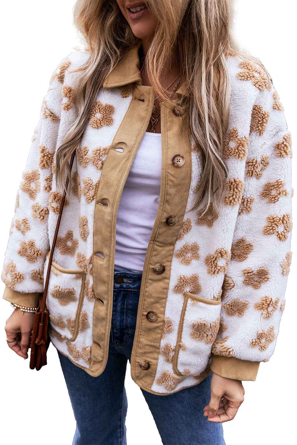 Light French Beige Cute Flower Pattern Button Up Fleece Jacket 3ab2f9854e40fef2