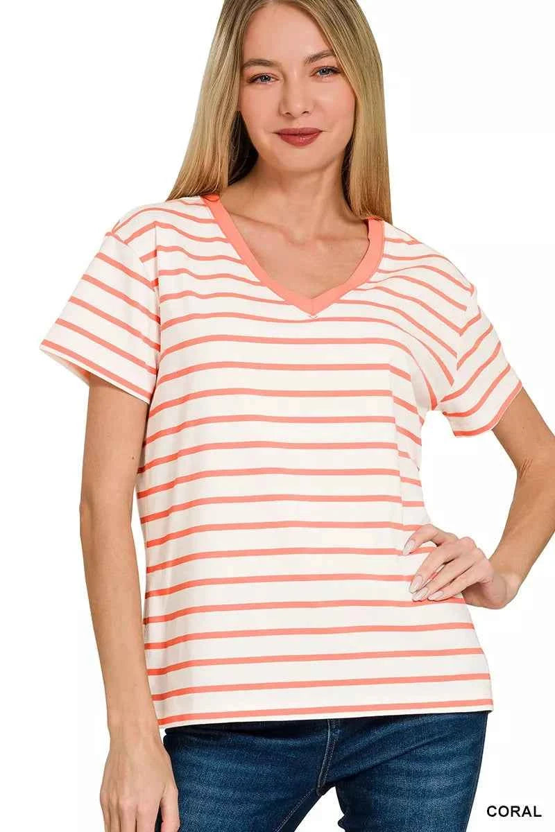 Zenana Striped V-Neck Short Sleeve T-Shirt CORAL 3ab42166970948b585fde164cfa65f1d-Max-Origin