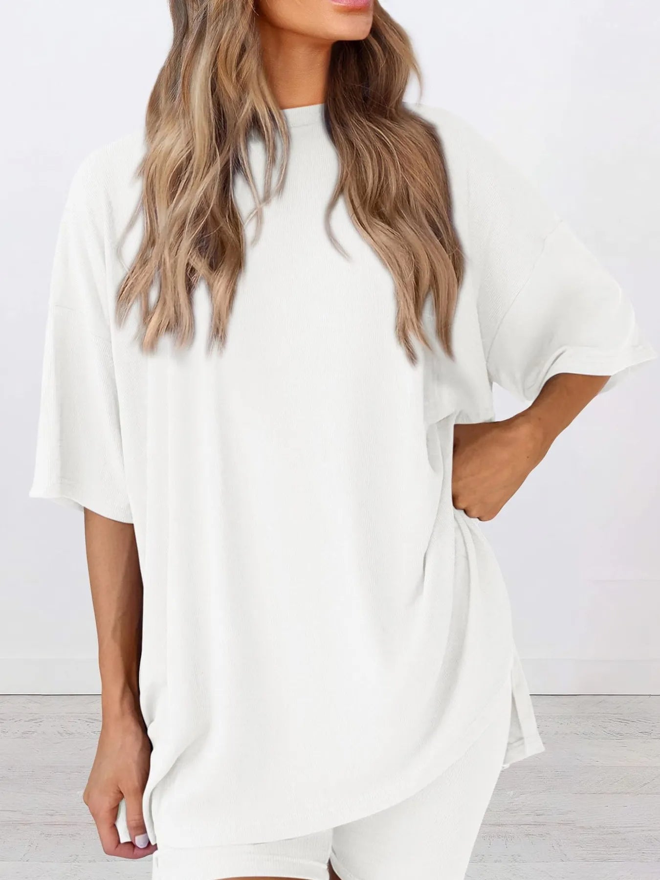 Full Size Oversized Slit Round Neck Top and Shorts Lounge Set Plus Size 3abb829002714bda8f2ba4e2220ca1b1-Max-Origin