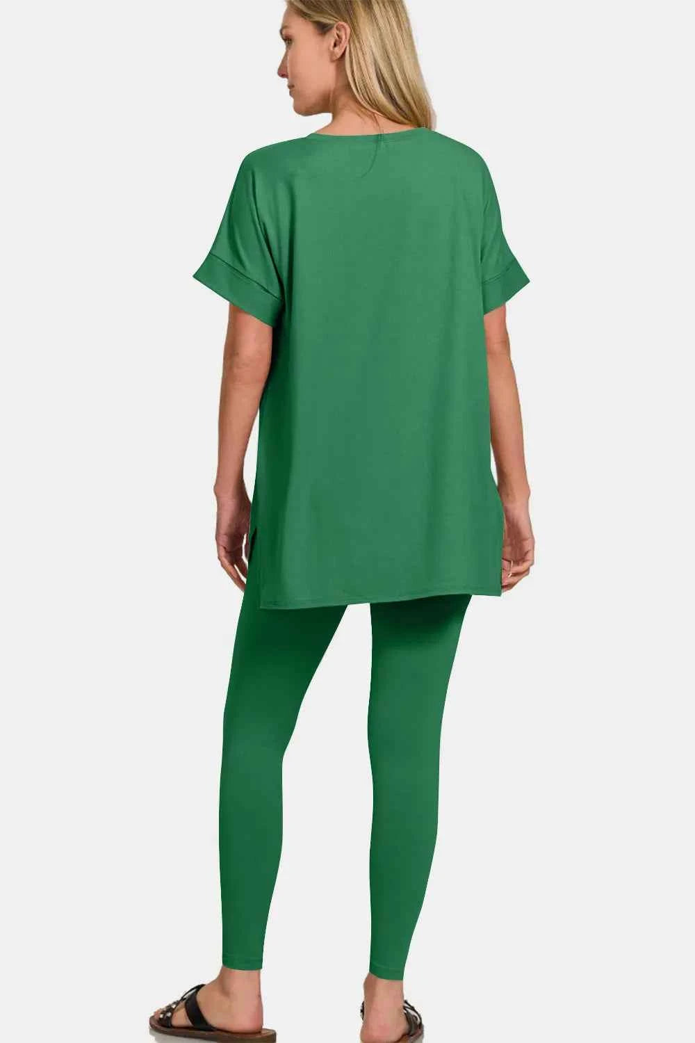 Zenana Full Size V-Neck Rolled Short Sleeve T-Shirt and Leggings Lounge Set 3abd3e47-a332-4b44-87b0-3bb5cf411edc-Max