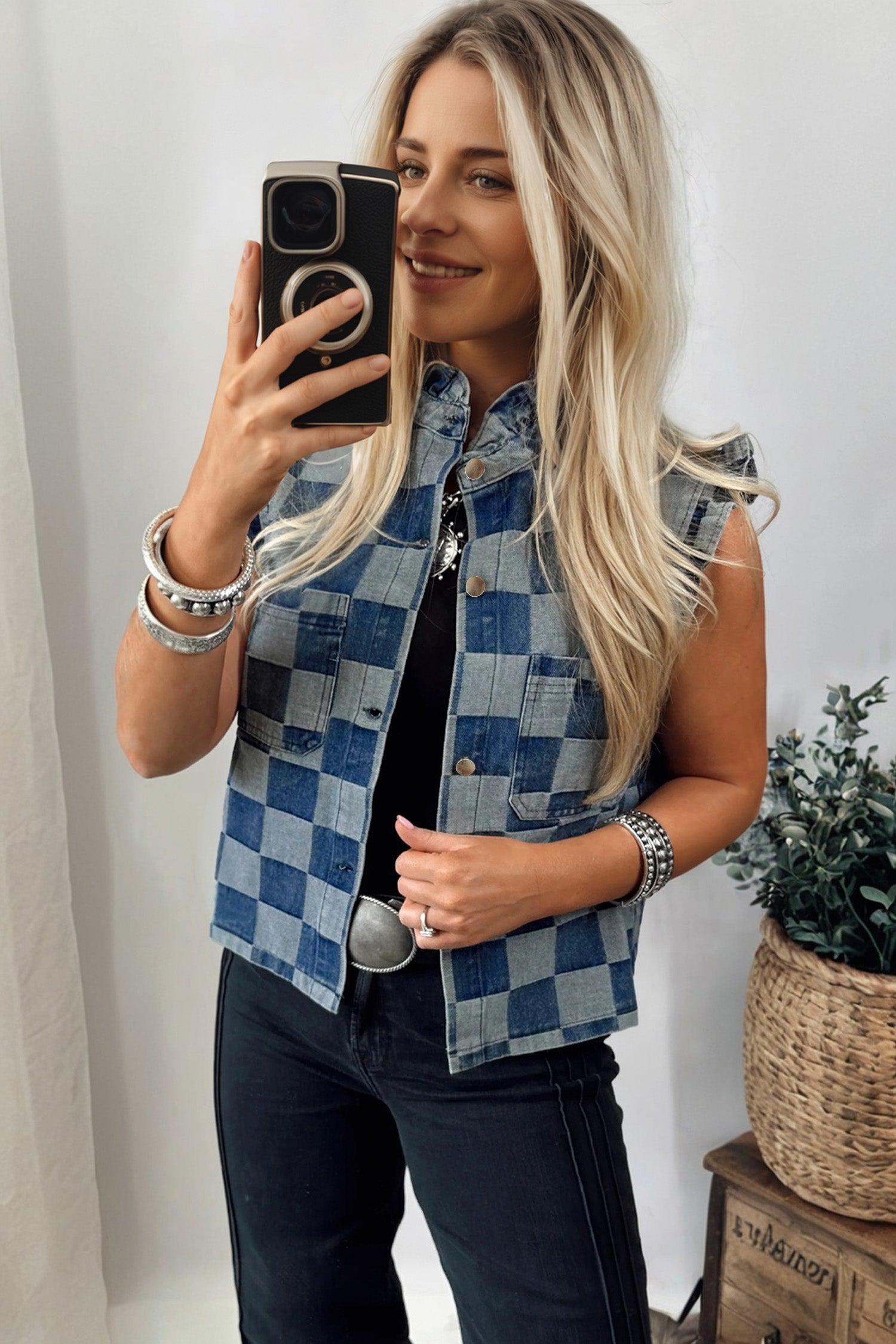 Beau Blue Checkered Ruffle Trim Button Down Denim Vest 3ac458cea2f8b01b
