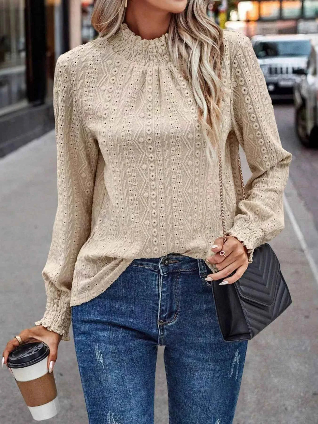 Texture Mock Neck Long Sleeve Blouse Apricot 3ac6ea59d94f49589769c8b90059420b-Max-Origin