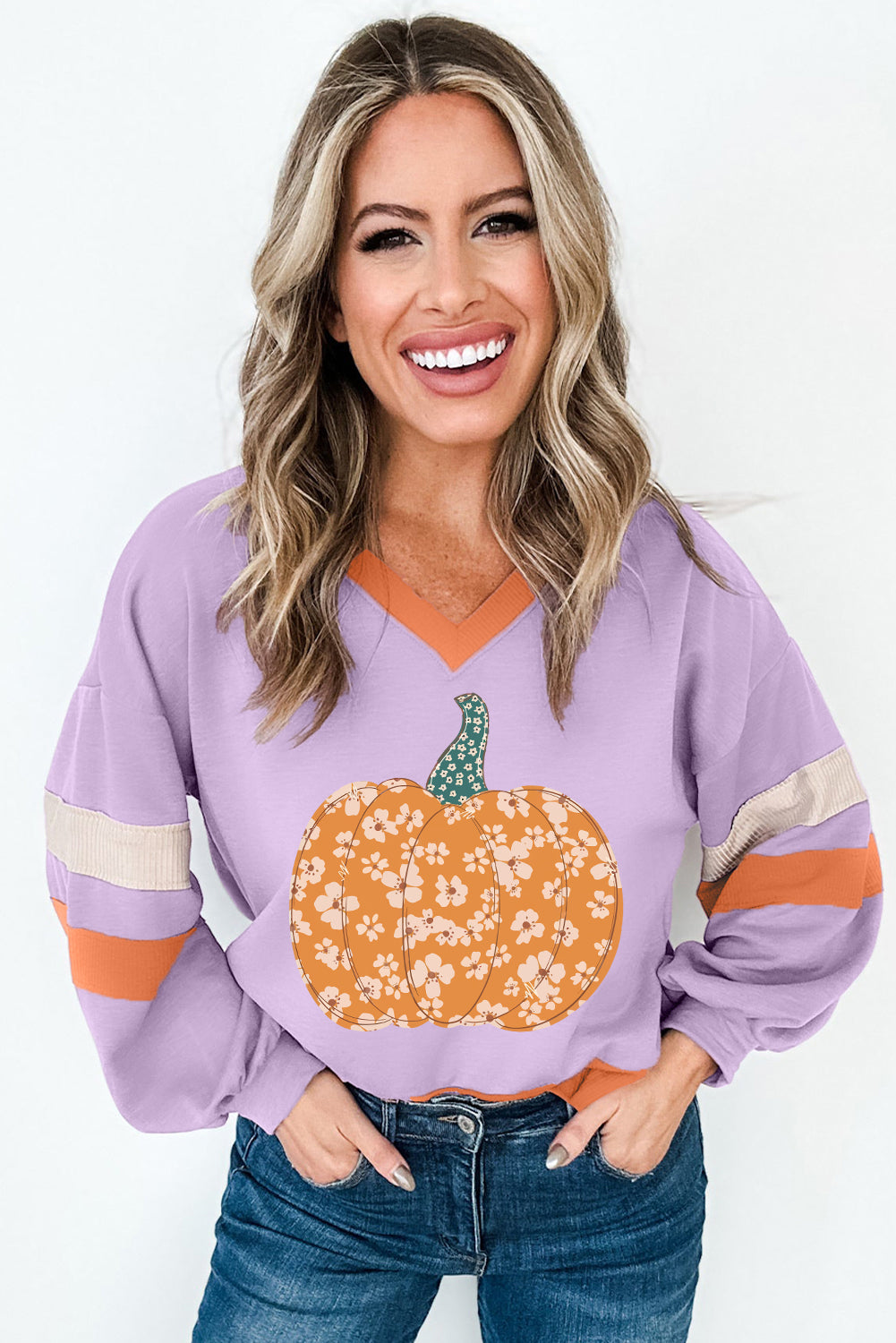 Orchid Bouquet Floral Pumpkin Graphic Color Block Sleeve Sweatshirt Orchid Bouquet 65%Polyester+35%Cotton 3ad150aa9b5588cb
