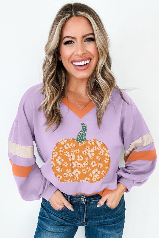 Orchid Bouquet Floral Pumpkin Graphic Color Block Sleeve Sweatshirt Orchid Bouquet 65%Polyester+35%Cotton 3ad150aa9b5588cb