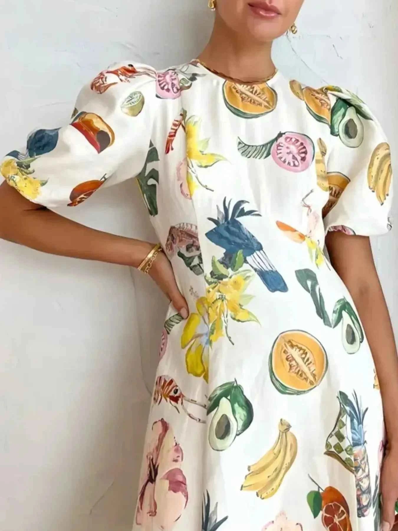 Printed Round Neck Puff Sleeve Dress 3ad3460c-b73e-40ae-b885-53693d30c1f6-Max-Origin