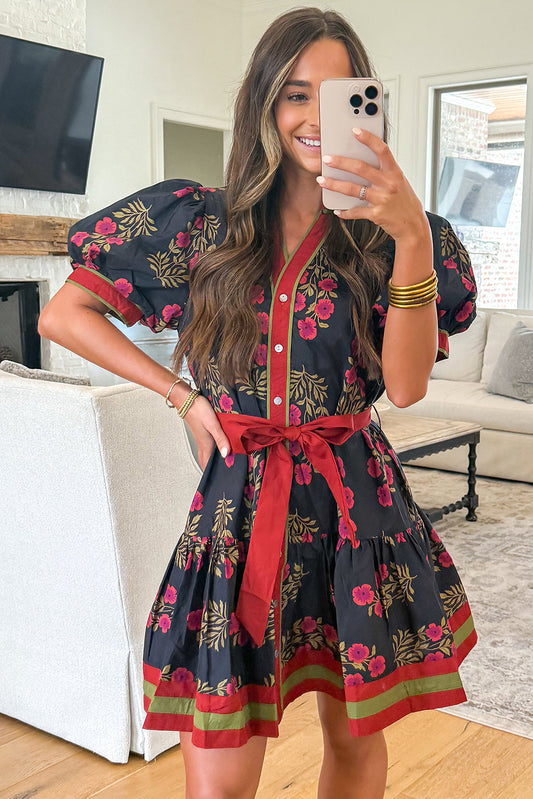 Black Retro Floral Print Button Down Belted Short Puff Sleeve Mini Dress 3ad50cd366f9f624