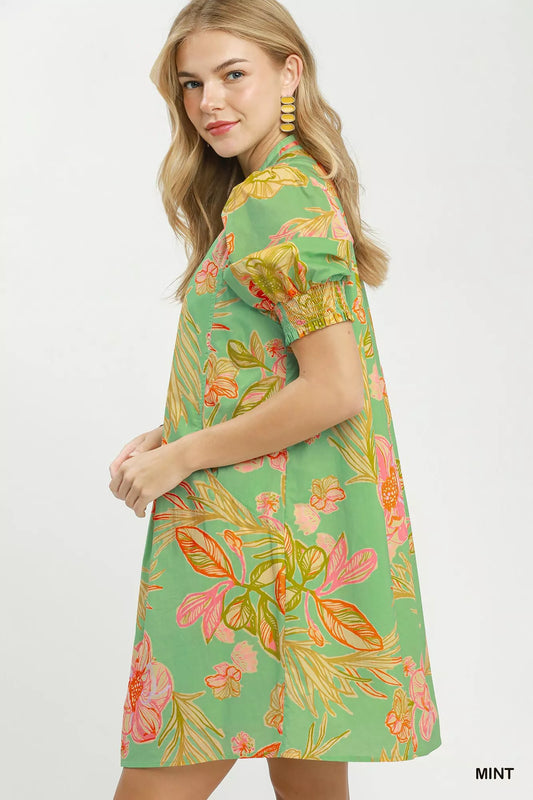 Botanical Print Dress with Smocked Cuffs 3ade6563-6011-4747-9e89-4eed8c6c7f9d-Max-Origin