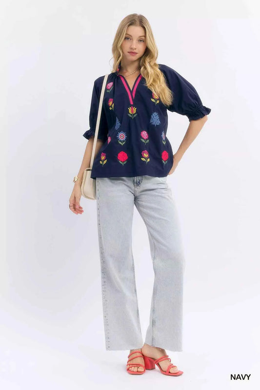 Embroidered Floral Top with Contrast Trim 3ae04f55-02b5-4c98-bbe8-e24e9447aaa3-Max-Origin