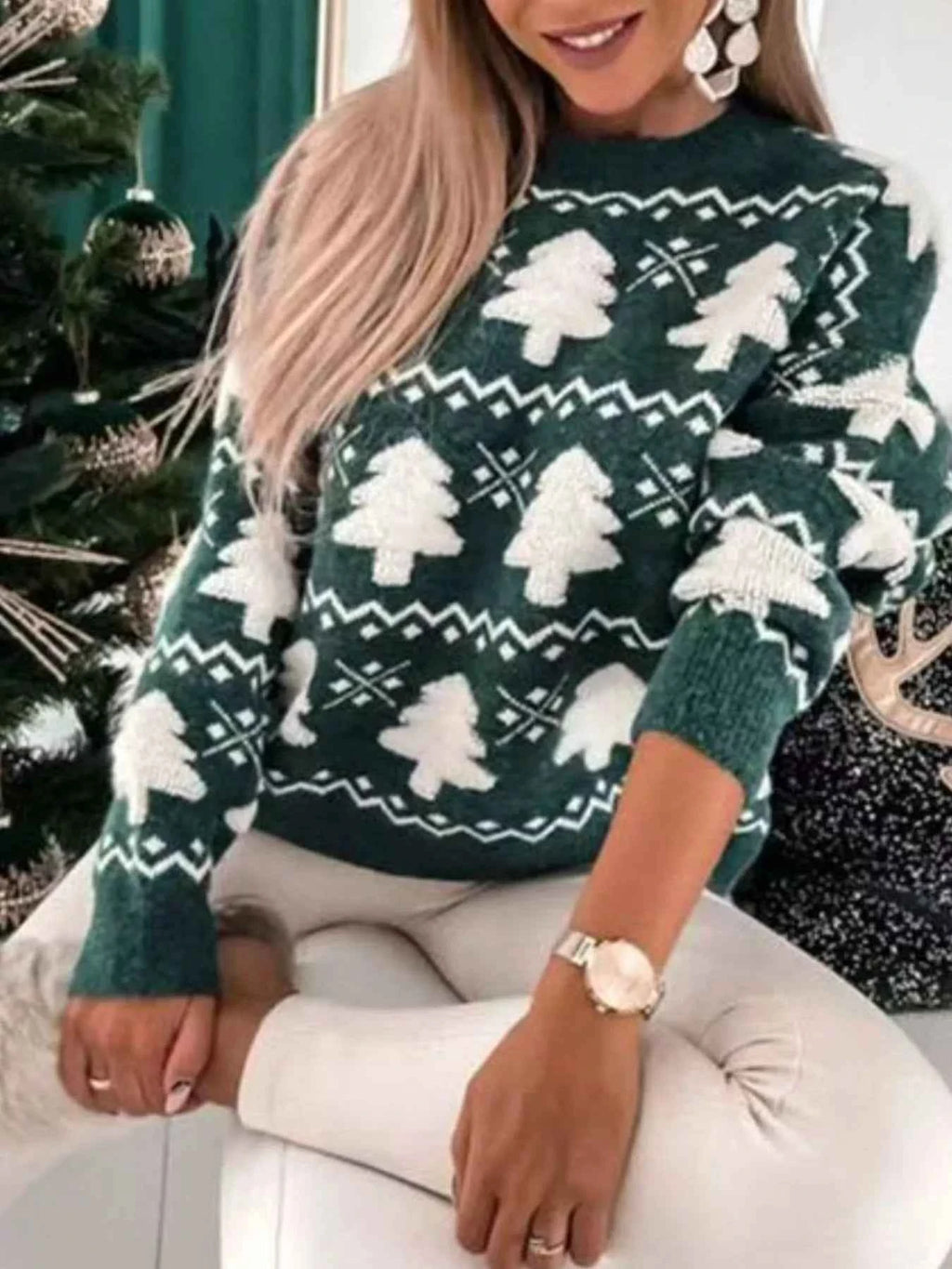 Christmas Tree Pattern Long Sleeve Sweater Green 3ae09cd0-b27c-47fa-829f-718979d5e874-Max-Origin