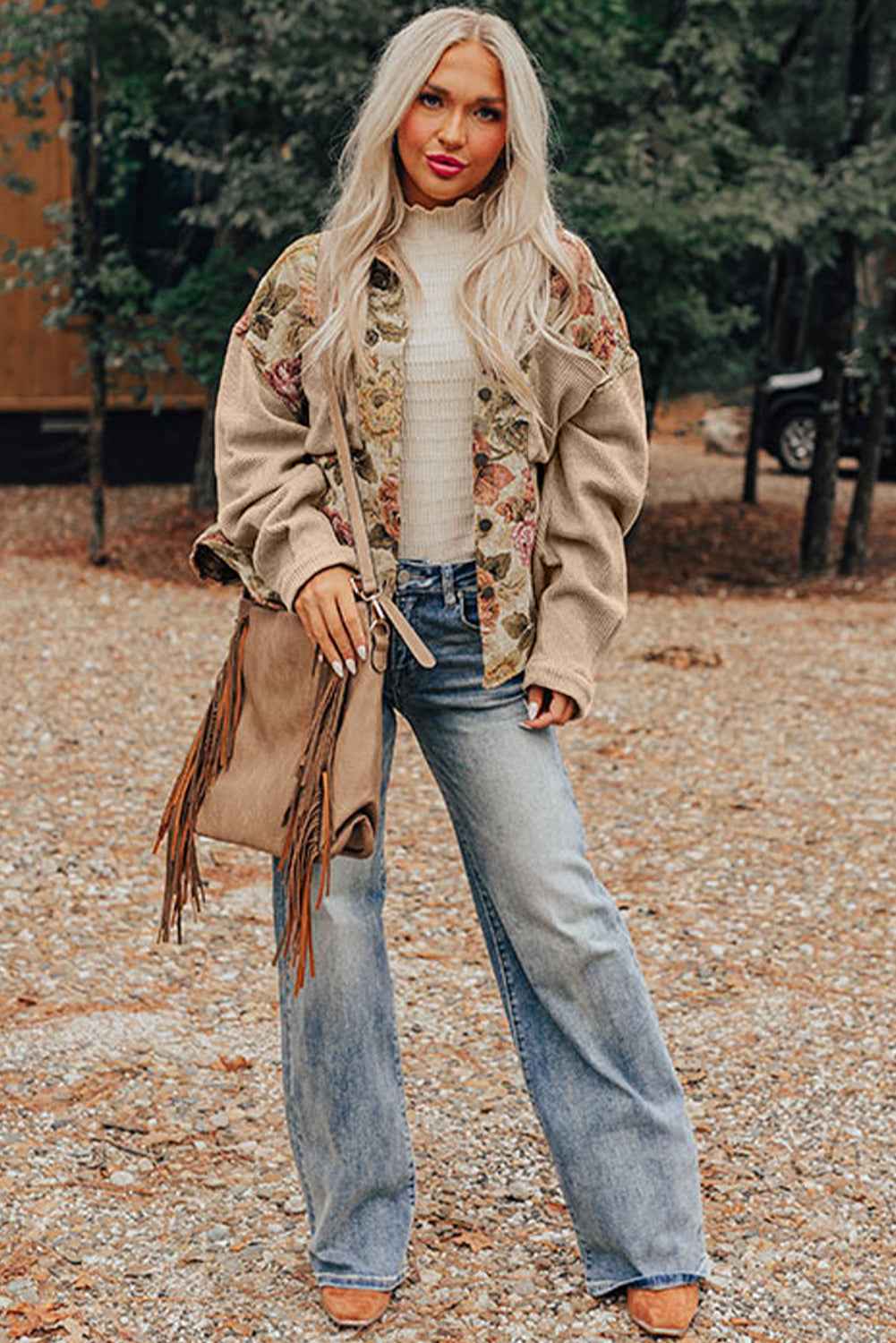 Khaki Floral Waffle Knit Patchwork Chest Pockets Buttoned Jacket 3ae2b0fa0061cd9d