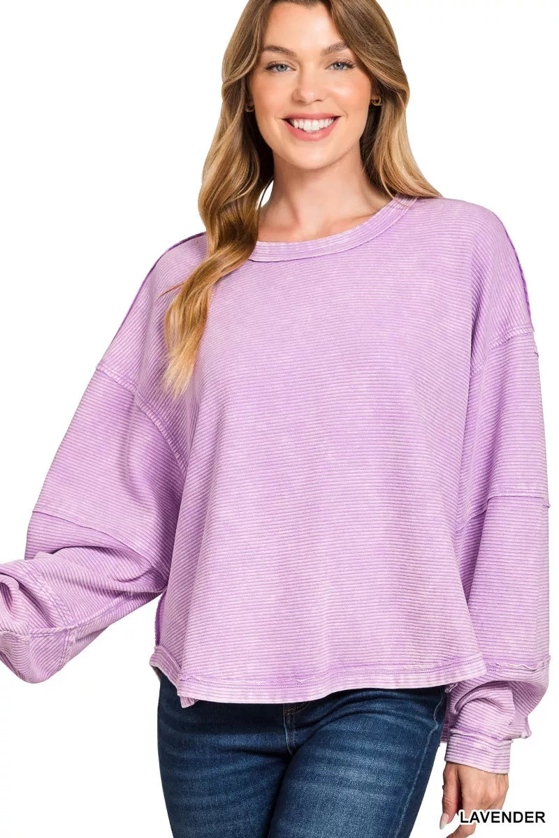 Zenana Acid Washed Exposed-Seam Sweatshirt LAVENDER 3ae4634ddb15429091c35d8d0e2e5cab-Max-Origin