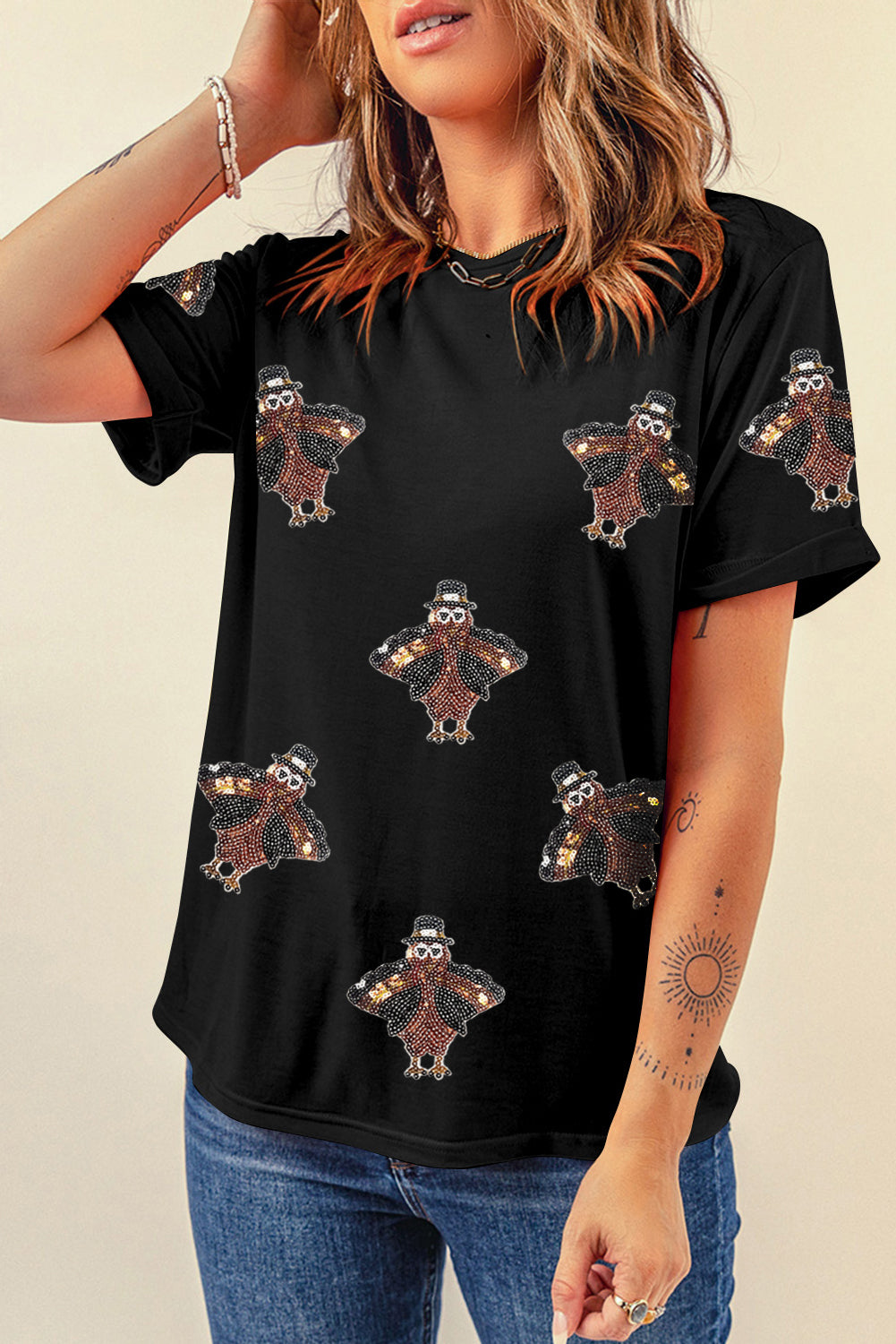 Black Sequin Turkey Patch Application Graphic Tee 3ae5715e5622ca29