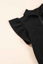 Black Textured Ruffle Sleeve Zipped Top and Wide Leg Pants Set