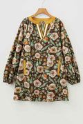 Floral Contrast V-Neck Long Sleeve Pocketed Dress Brown 3aebec52-c40f-49dc-b3f3-f8680e94573c
