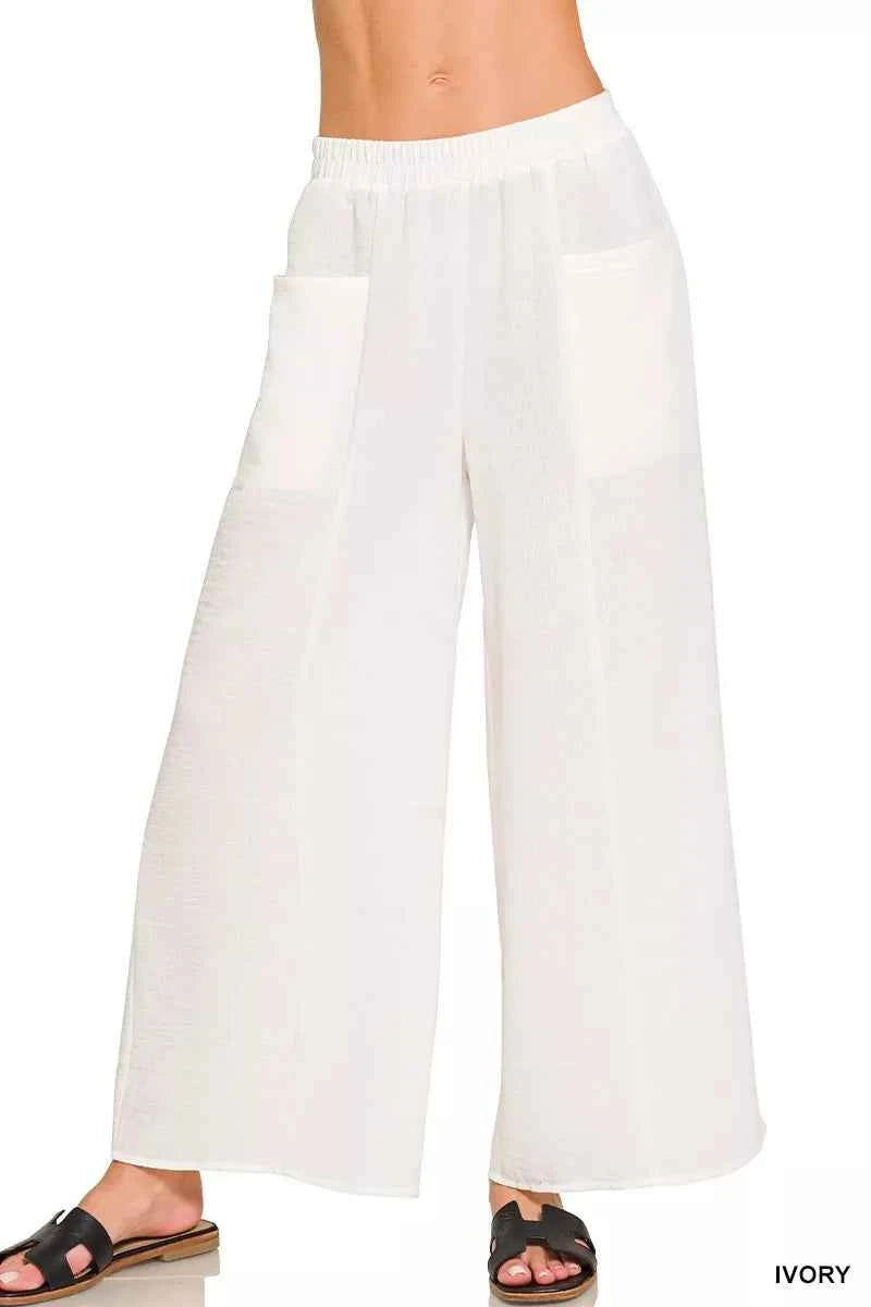 Zenana Woven Airflow Elastic Waistband Pants IVORY 3aecd93339594d6791b34cec31cb0d80-Max-Origin
