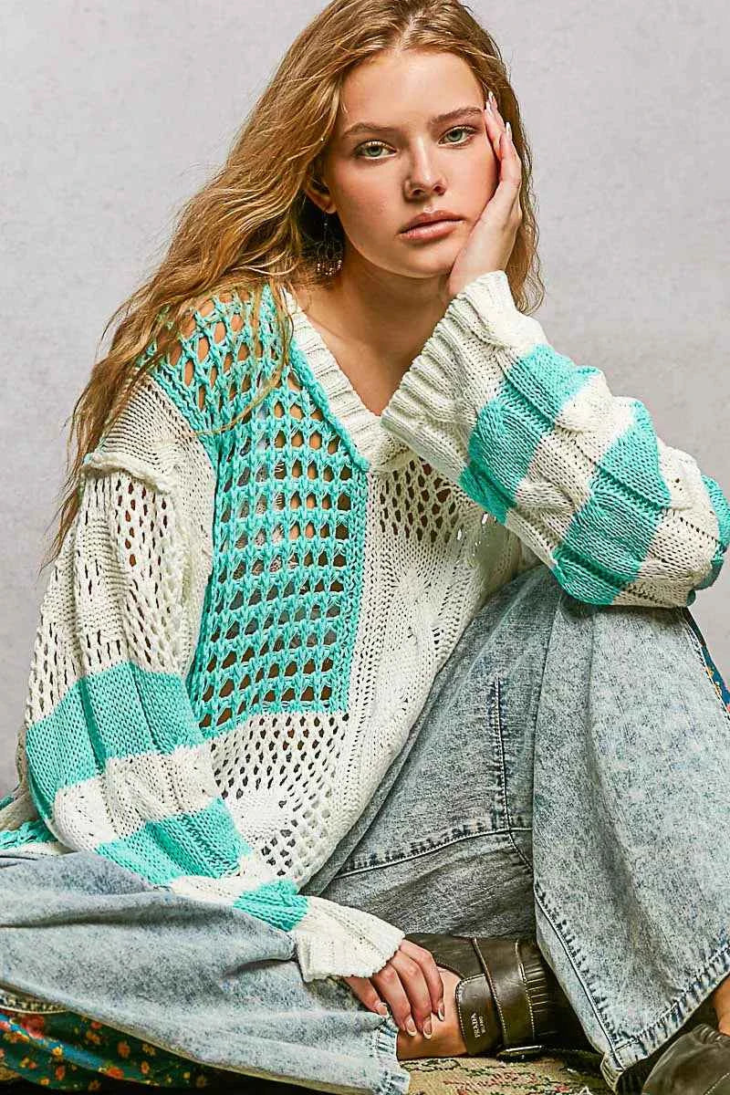 POL Color-Blocked Stripe Pattern Knit Top with Twisted Weave 3aedcc4d-5882-465c-bac3-d89d00f7fa57-Max-Origin