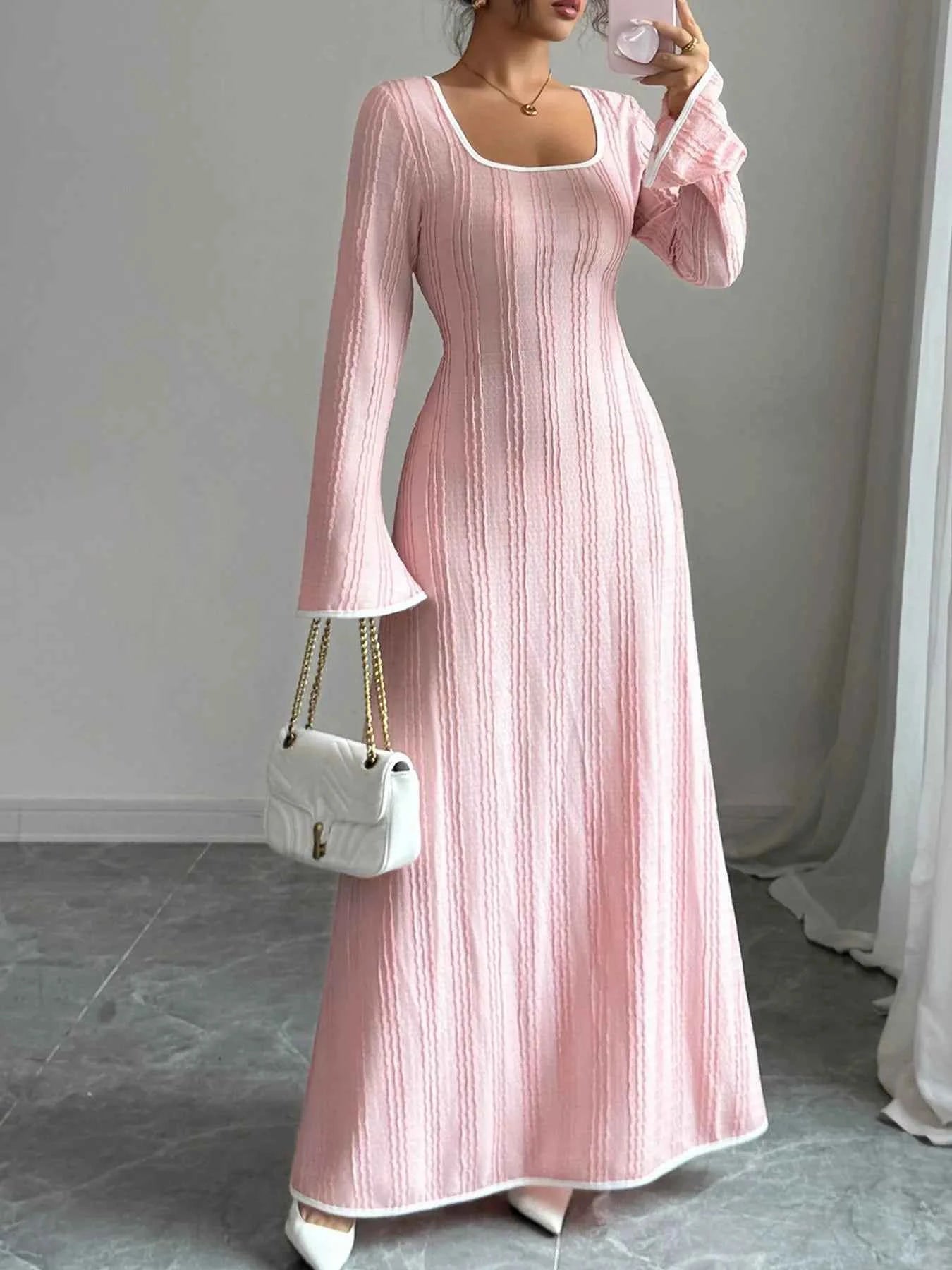 Textured Square Neck Long Sleeve Maxi Dress Blush Pink 3afb95a2-197c-4bbb-a931-2516ace9308a-Max-Origin