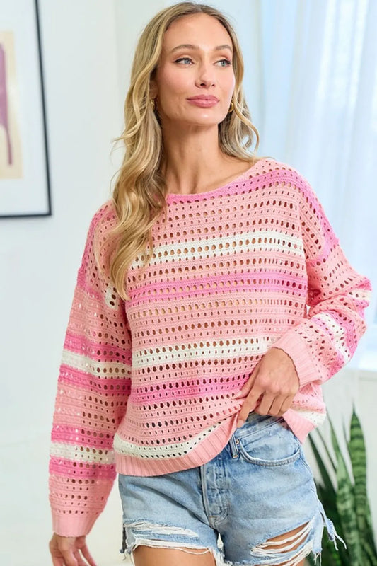 Striped Long Sleeve Openwork Knit Top 3afdaeed-7cc8-4714-8058-b3b151e11ac9-Max