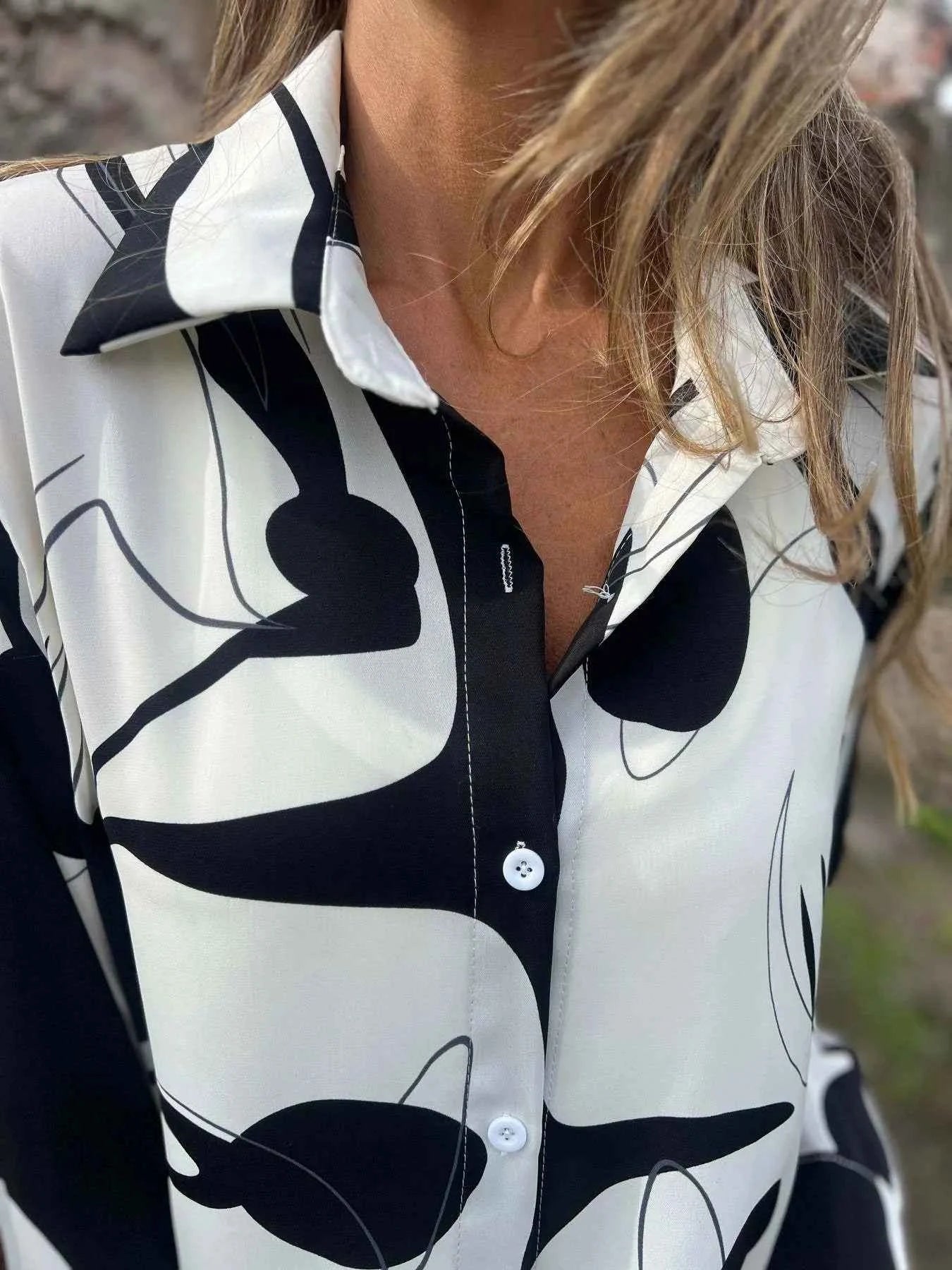 Full Size Abstract Print Long Sleeve Button-Up Shirt Plus Size