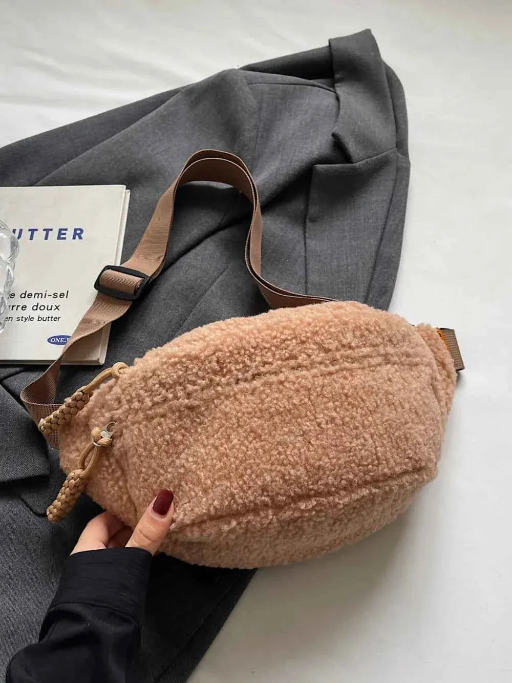 Sherpa Crossbody Bag with Adjustable Strap Khaki One Size 3b0010d5-4571-4ec0-bf50-3fe09db4376c-Max