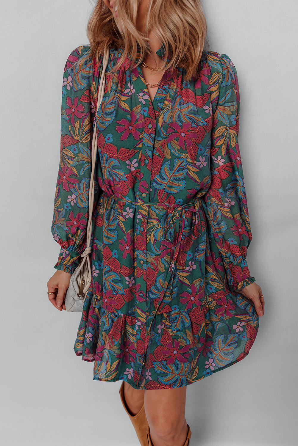 Green Floral Frill V Neck Puff Sleeve Ruffle Mini Dress 3b06903571fd6a97