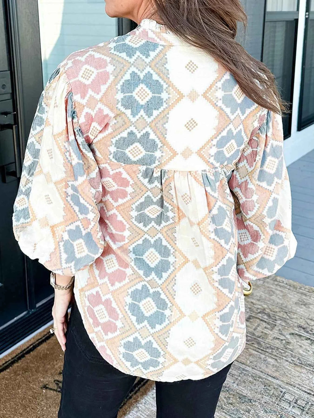 Bohemian Geometric Print Blouse with Tassel Tie 3b12b520-3792-40e2-87e6-72074d5d4589-Max-Origin