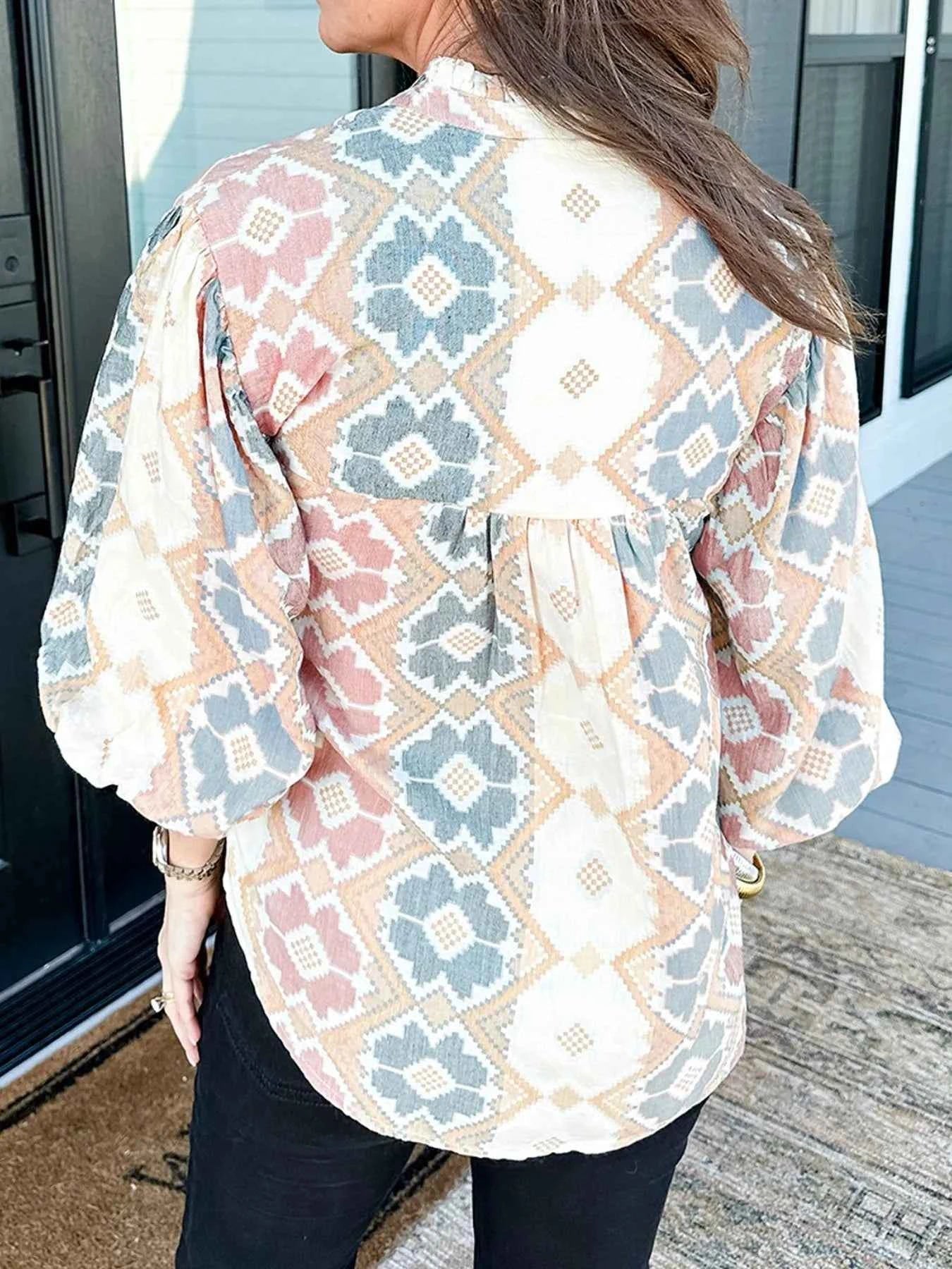 Bohemian Geometric Print Blouse with Tassel Tie 3b12b520-3792-40e2-87e6-72074d5d4589-Max-Origin